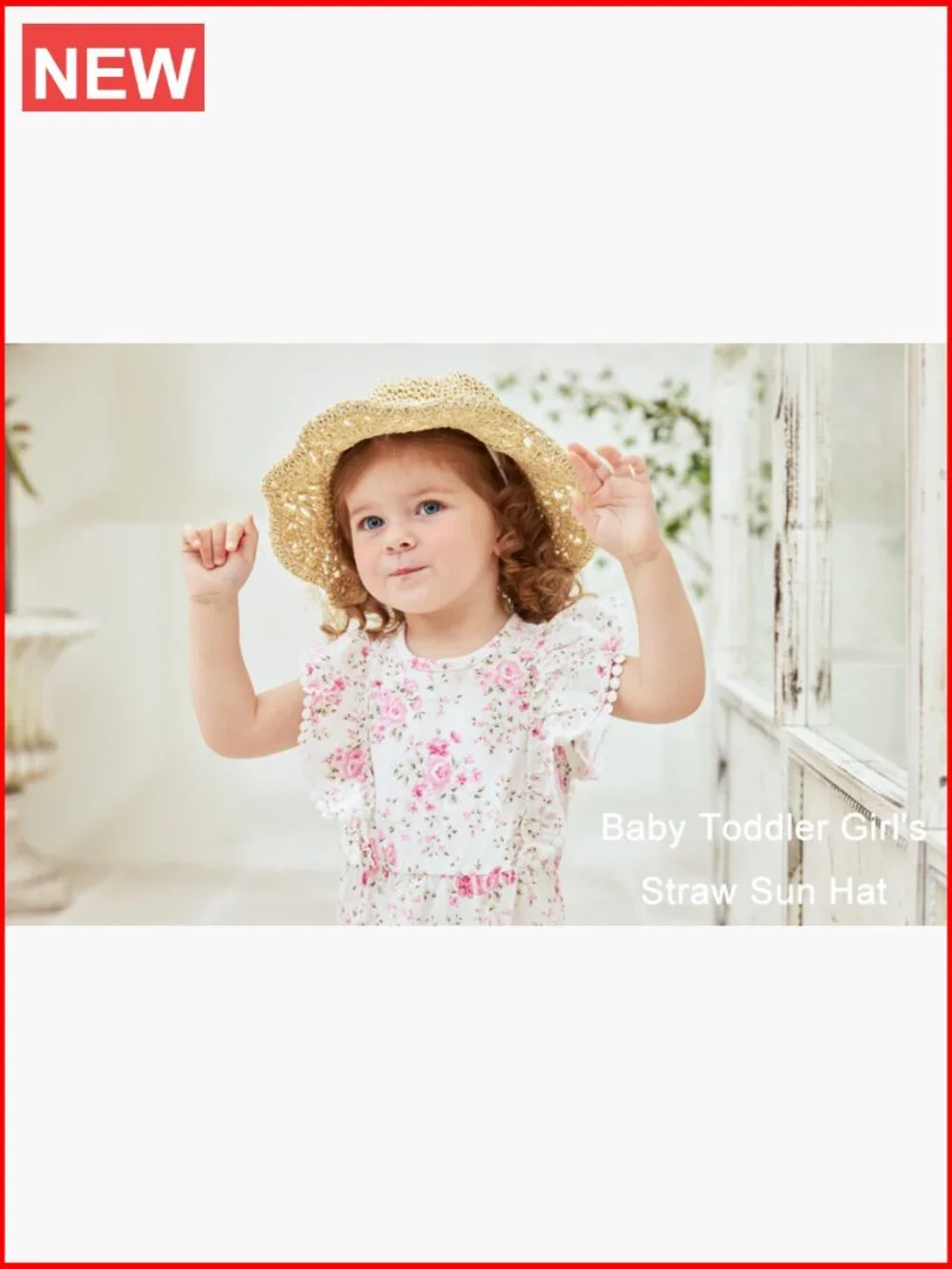 Toddler Girls Straw Sun Hat with Chin Strap for Beach Travel